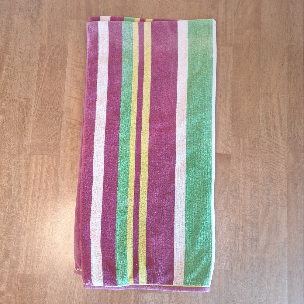 VTG 90s Striped Beach Towel Purple Yellow Green Designs Outdoors Made In India